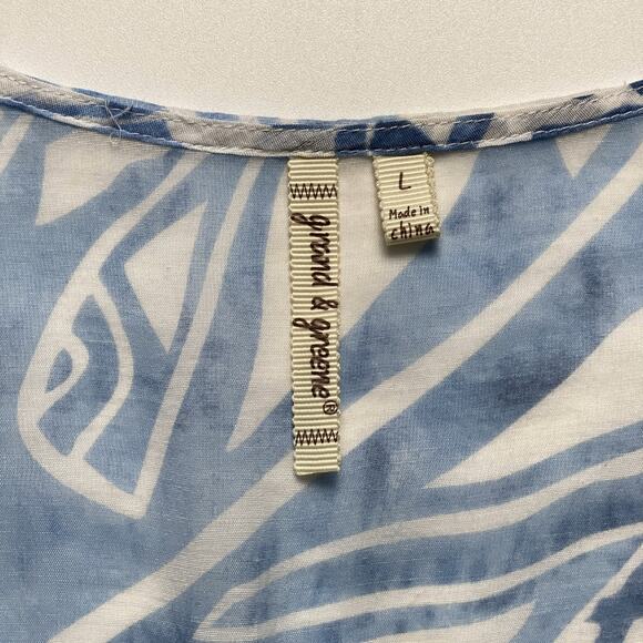 Grand & Greene Blue White Tropical Sheer Tunic Blouse L Roll Tab Sleeve Top - Picture 13 of 15